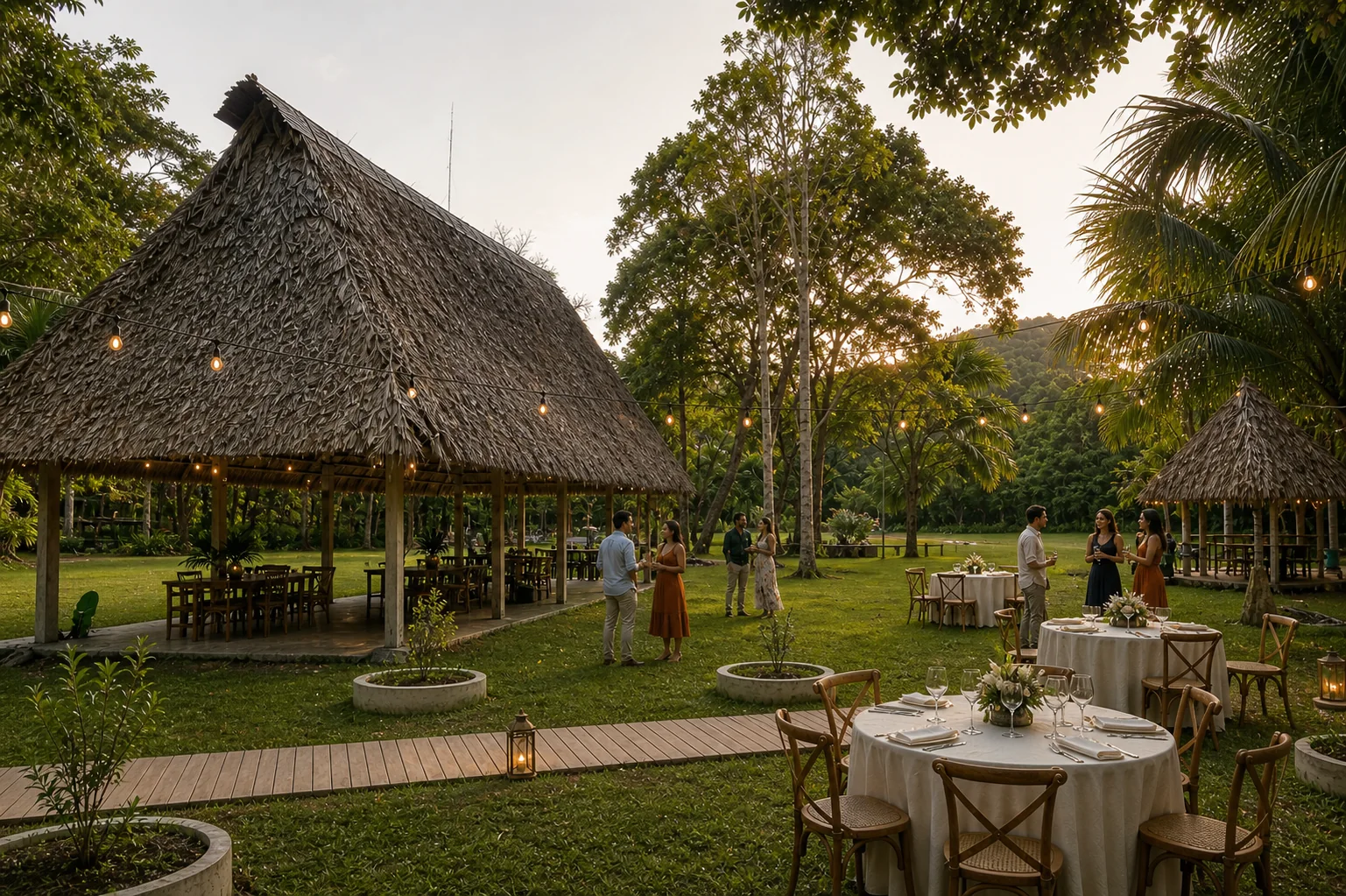 Montaje de evento al atardecer en los jardines de El Nativo