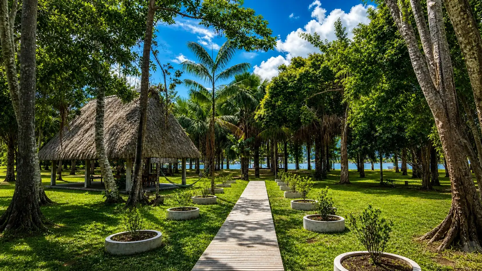 Camino tropical que conduce a las cabañas junto a la laguna