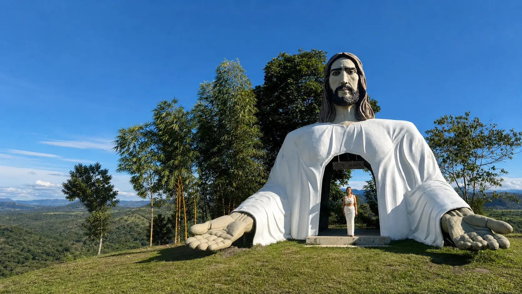Visitante en el mirador de la escultura del Cristo Salvador